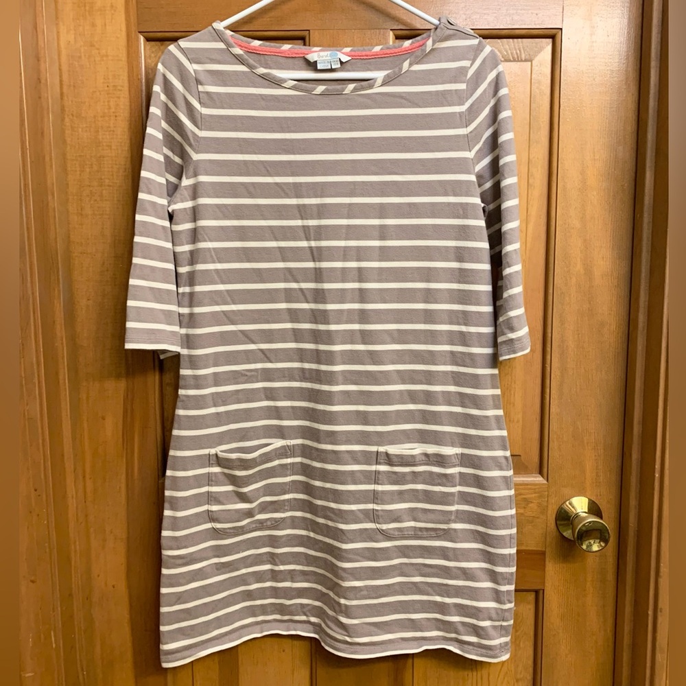Boden 3/4 Long Sleeve Striped Tunic in Taupe and White